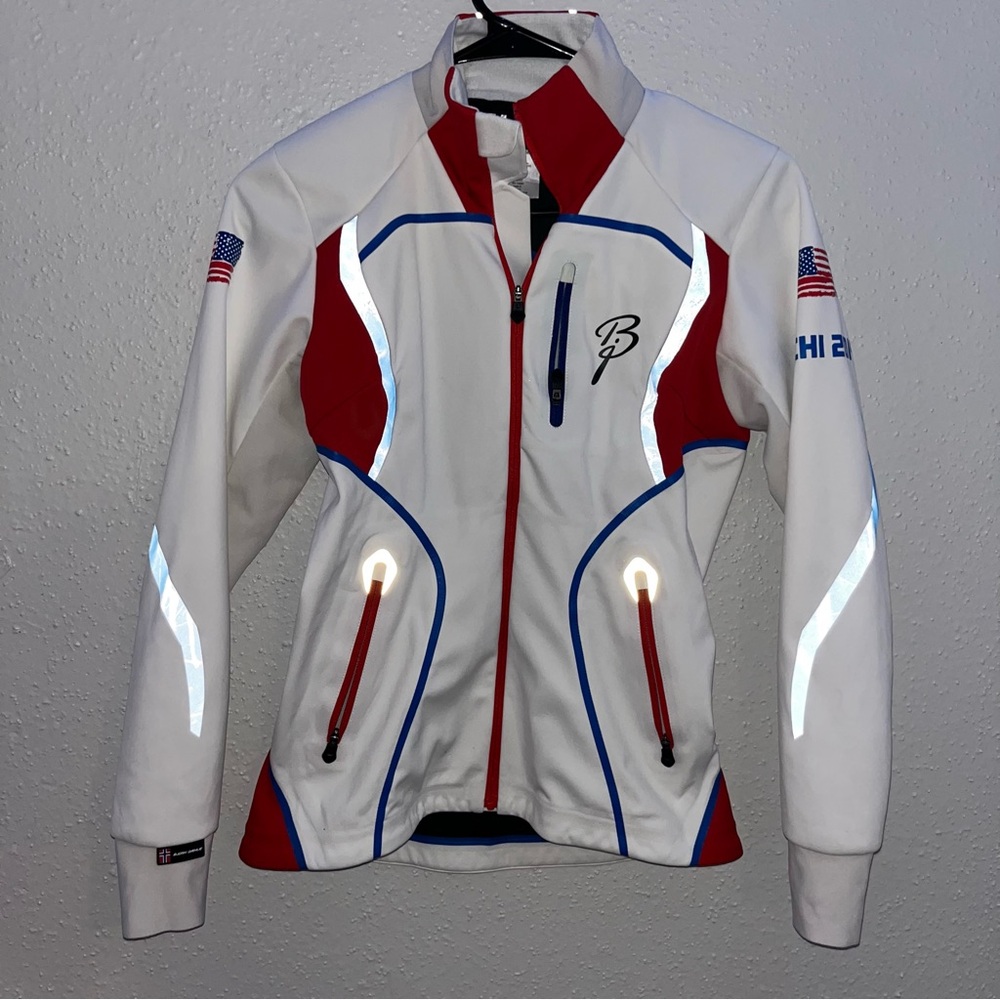 White and Red Jacket with Blue Accents